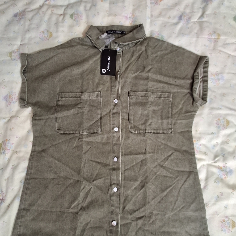 Olive Green Casual Button-Up Dress